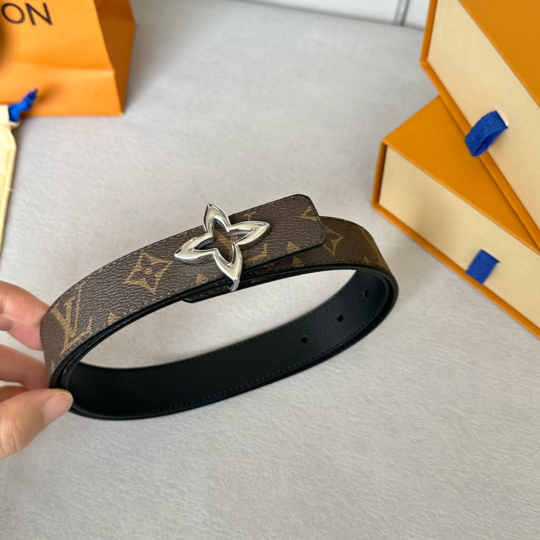 LV Flowergram 30mm Reversible Belt Silver Buckle Black Brown Leather - 30