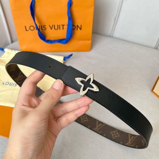 LV  MINI FLOWERGRAM 30MM REVERSIBLE BELT IN BLACK CALFSKIN SILVER HARDWARE - 30
