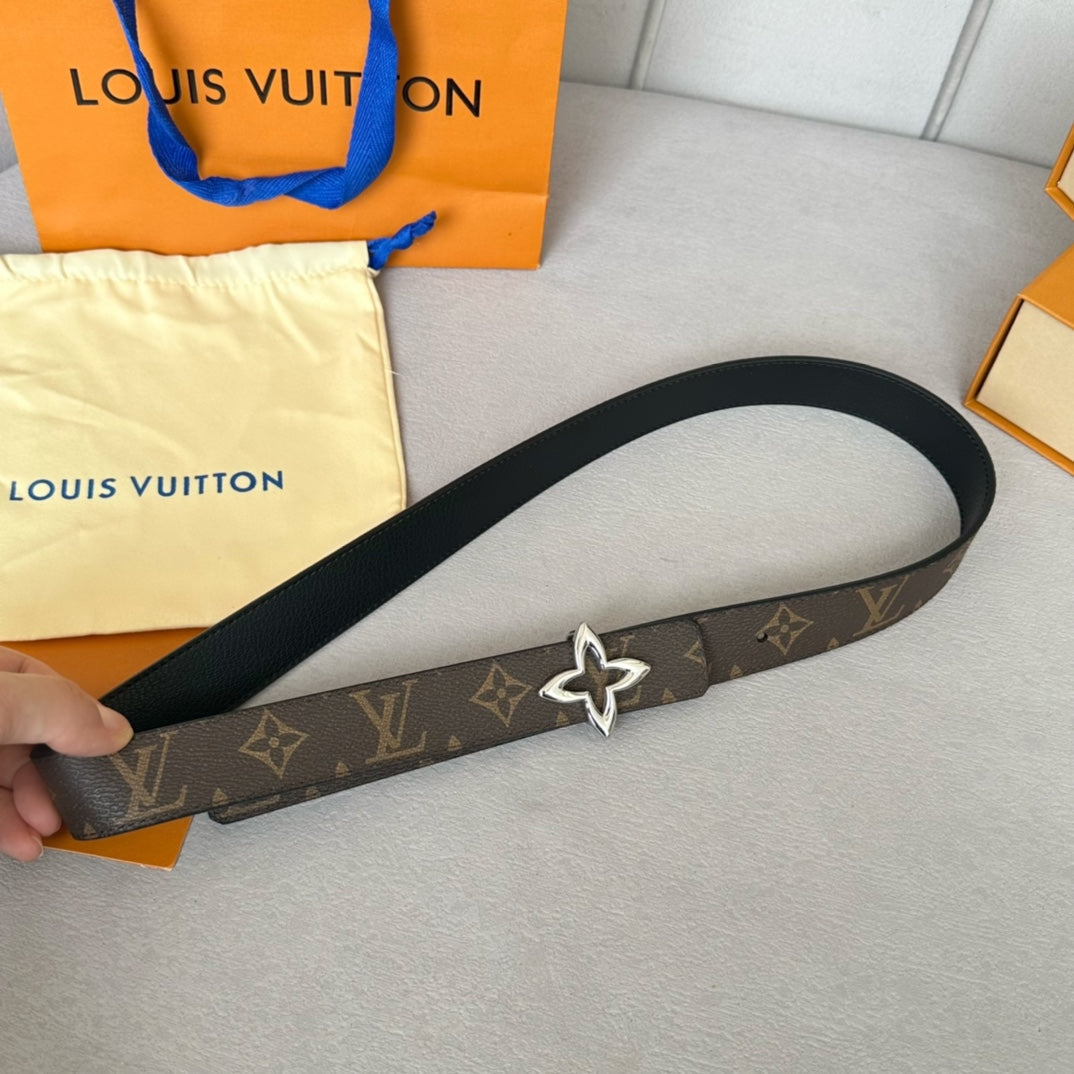 LV Flowergram 30mm Reversible Belt Silver Buckle Black Brown Leather - 30