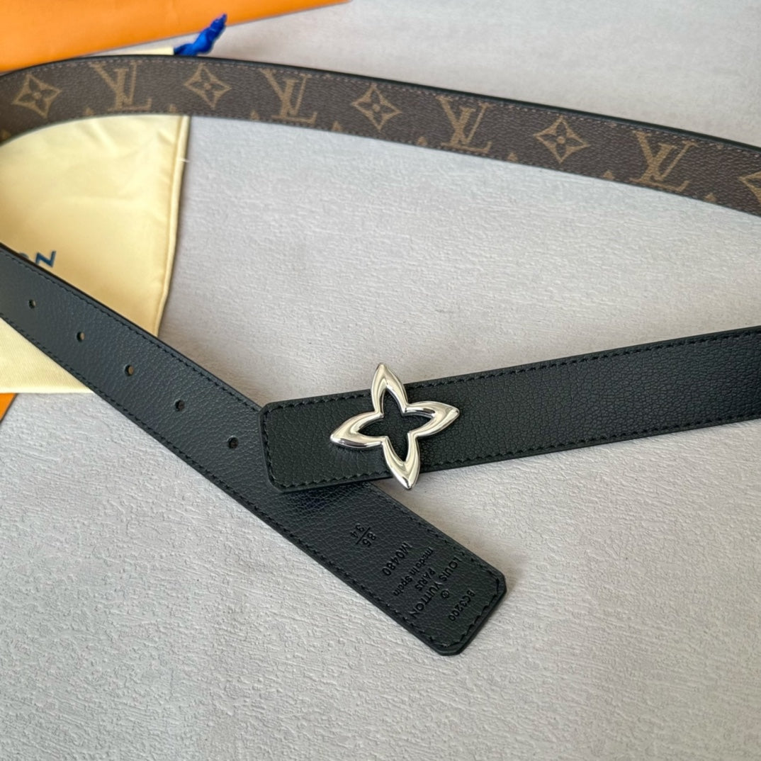 LV Flowergram 30mm Reversible Belt Silver Buckle Black Brown Leather - 30