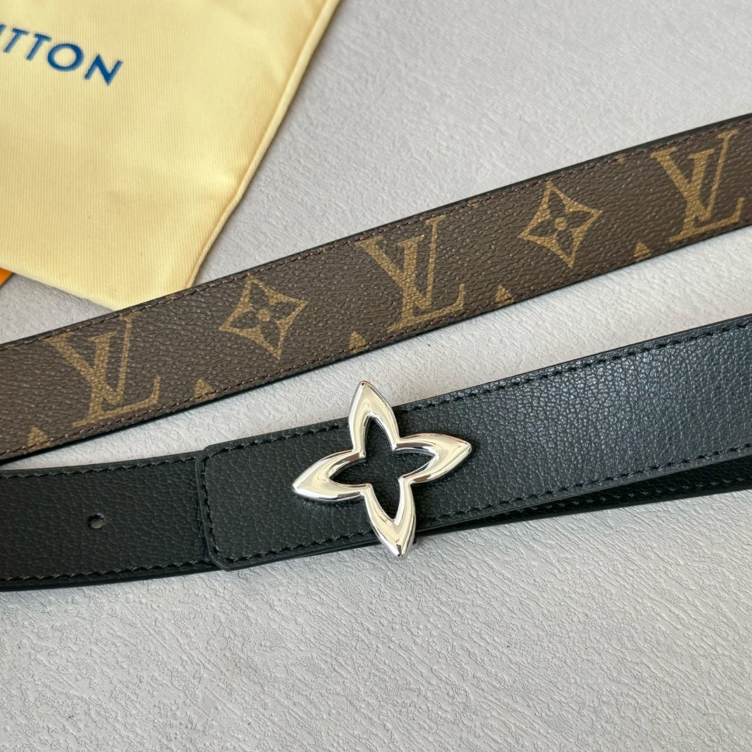 LV Flowergram 30mm Reversible Belt Silver Buckle Black Brown Leather - 30