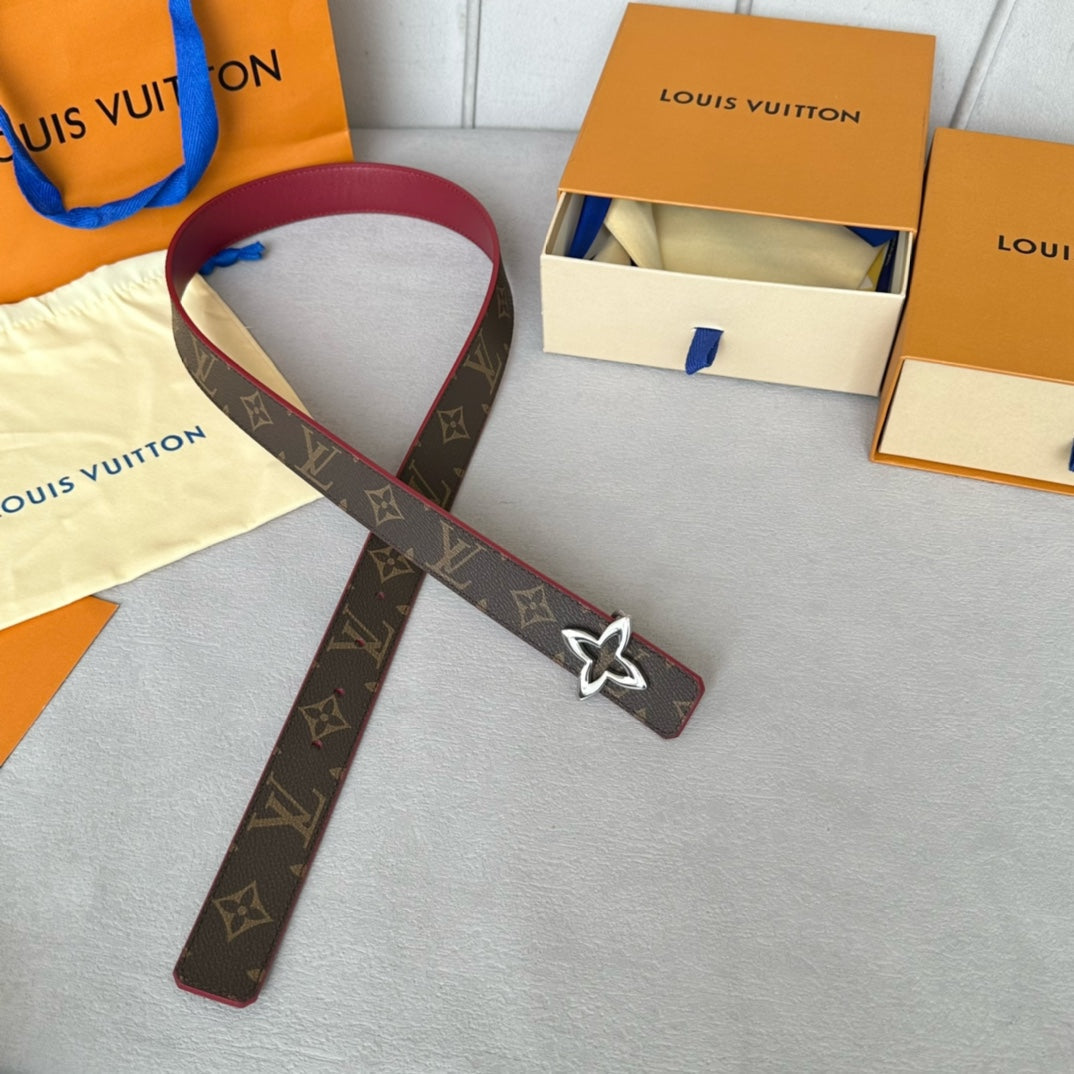 LV Flowergram 30mm Reversible Belt Silver Buckle Burgundy Brown Leather - 30