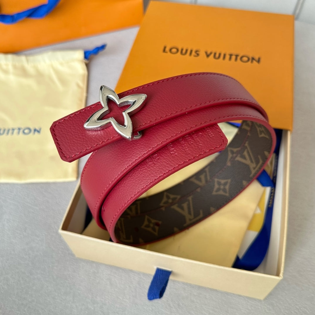 LV Flowergram 30mm Reversible Belt Silver Buckle Burgundy Brown Leather - 30