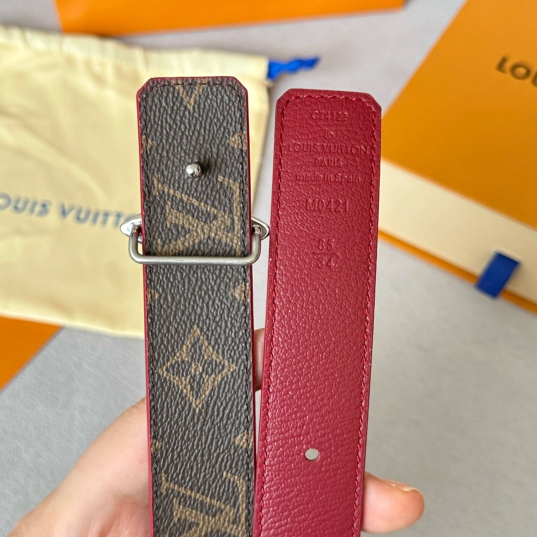 LV Flowergram 30mm Reversible Belt Silver Buckle Burgundy Brown Leather - 30