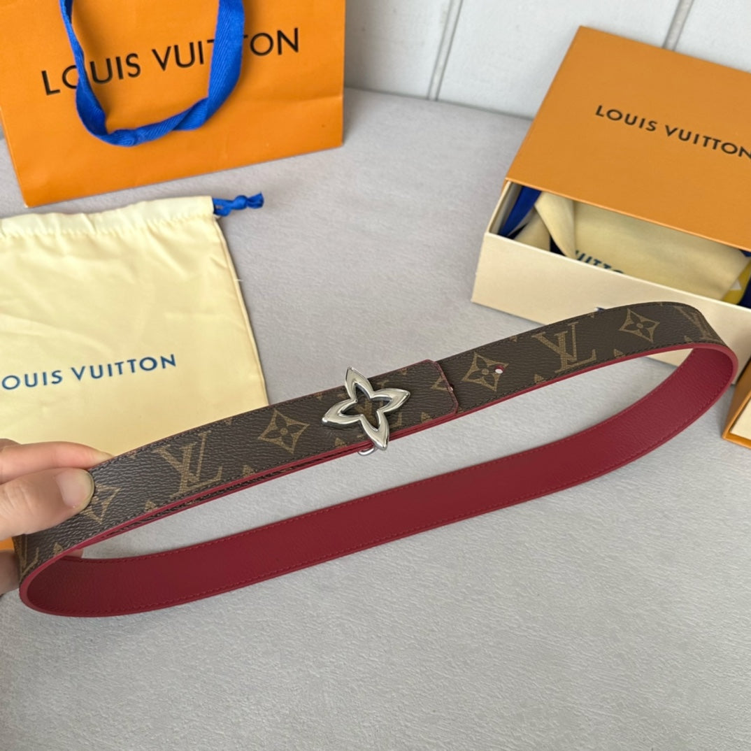LV Flowergram 30mm Reversible Belt Silver Buckle Burgundy Brown Leather - 30