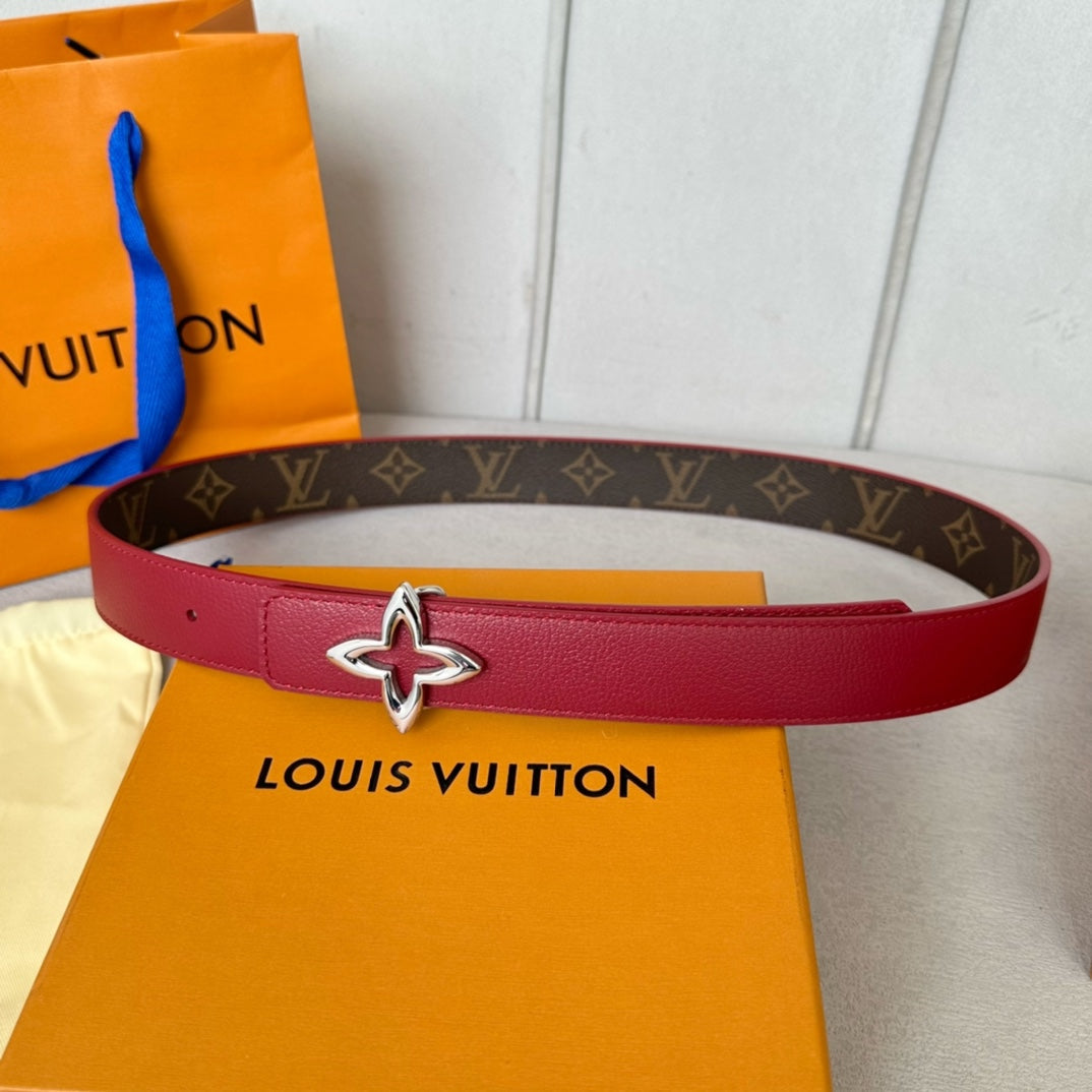LV Flowergram 30mm Reversible Belt Silver Buckle Burgundy Brown Leather - 30
