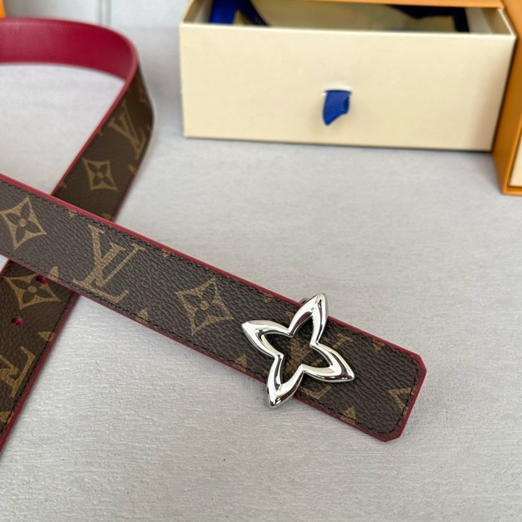 LV  MINI FLOWERGRAM 30MM REVERSIBLE BELT IN BLOOD RED CALFSKIN SILVER HARDWARE - 30