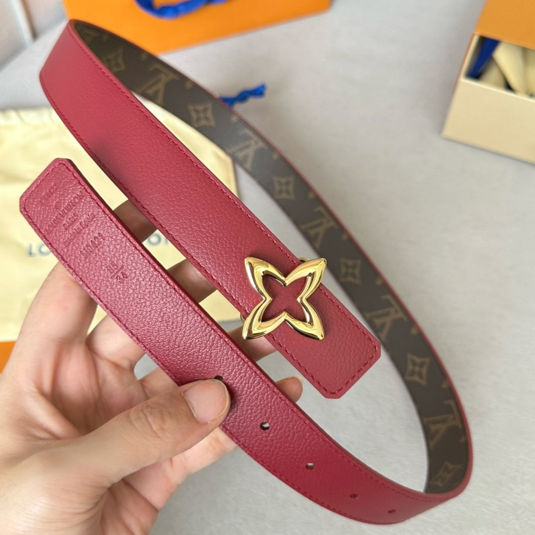 LV Flowergram 30mm Reversible Belt Gold Buckle Burgundy Brown Leather - 30