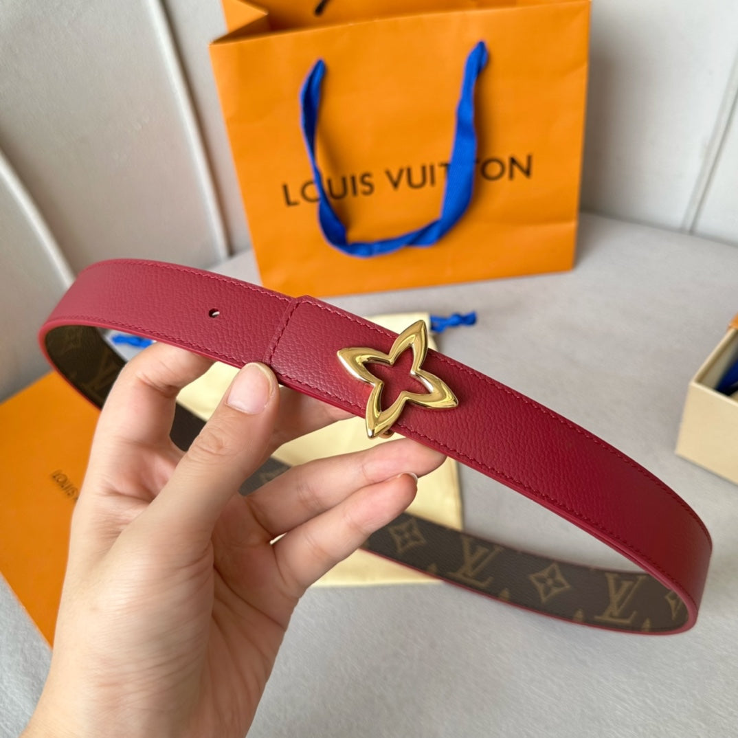 LV Flowergram 30mm Reversible Belt Gold Buckle Burgundy Brown Leather - 30