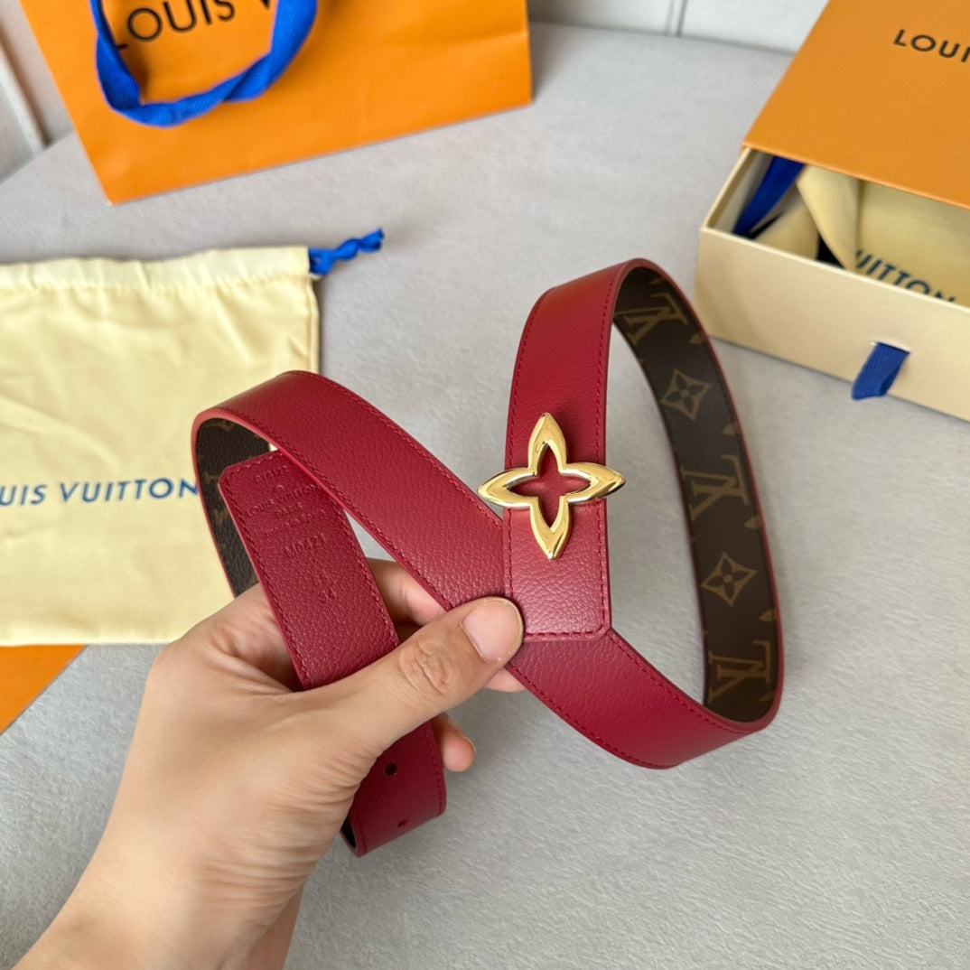 LV Flowergram 30mm Reversible Belt Gold Buckle Burgundy Brown Leather - 30