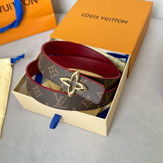 LV Flowergram 30mm Reversible Belt Gold Buckle Burgundy Brown Leather - 30