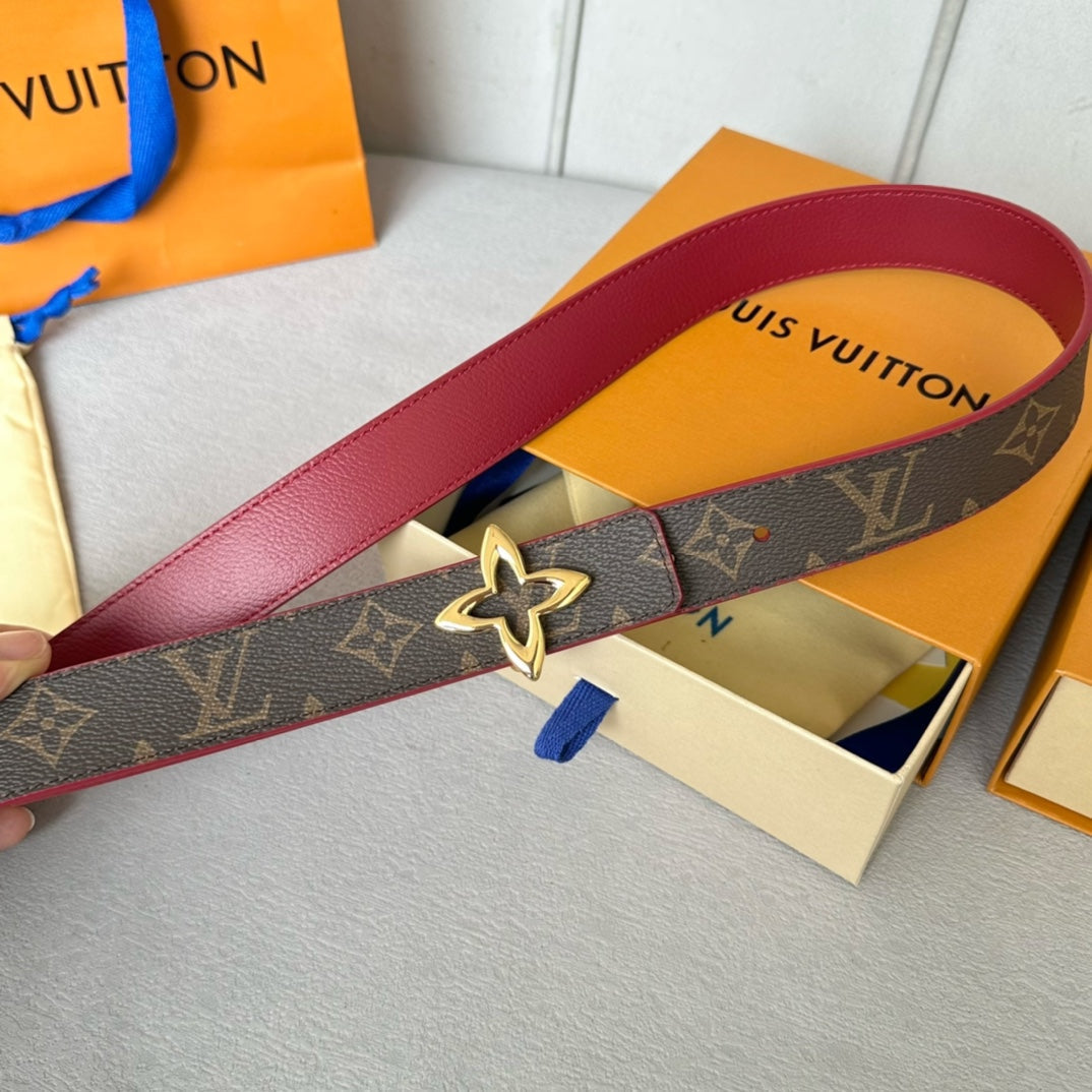 LV Flowergram 30mm Reversible Belt Gold Buckle Burgundy Brown Leather - 30