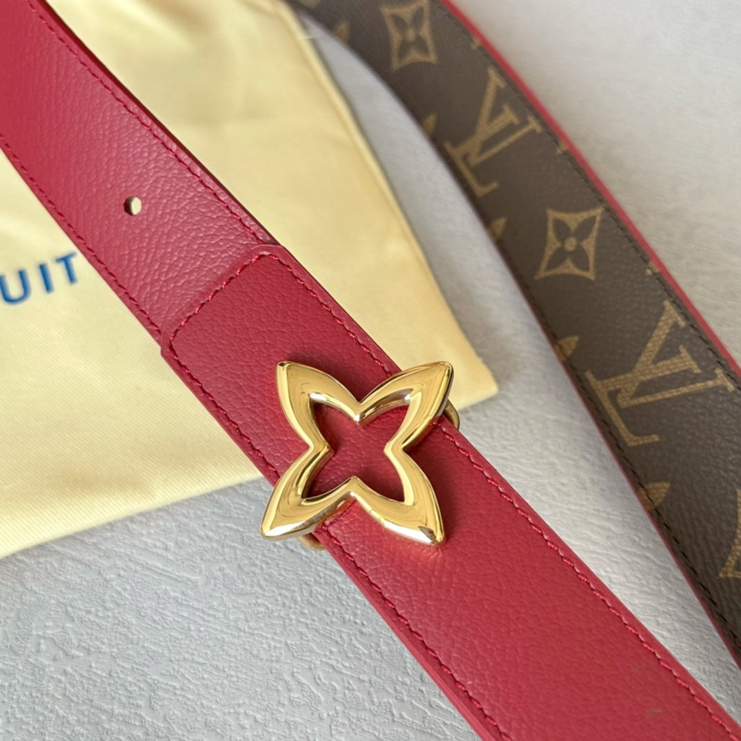 LV Flowergram 30mm Reversible Belt Gold Buckle Burgundy Brown Leather - 30