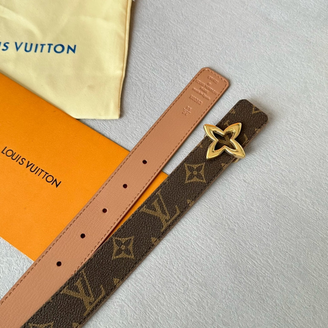 LV Flowergram 30mm Reversible Belt Gold Buckle Beige Brown Leather - 30