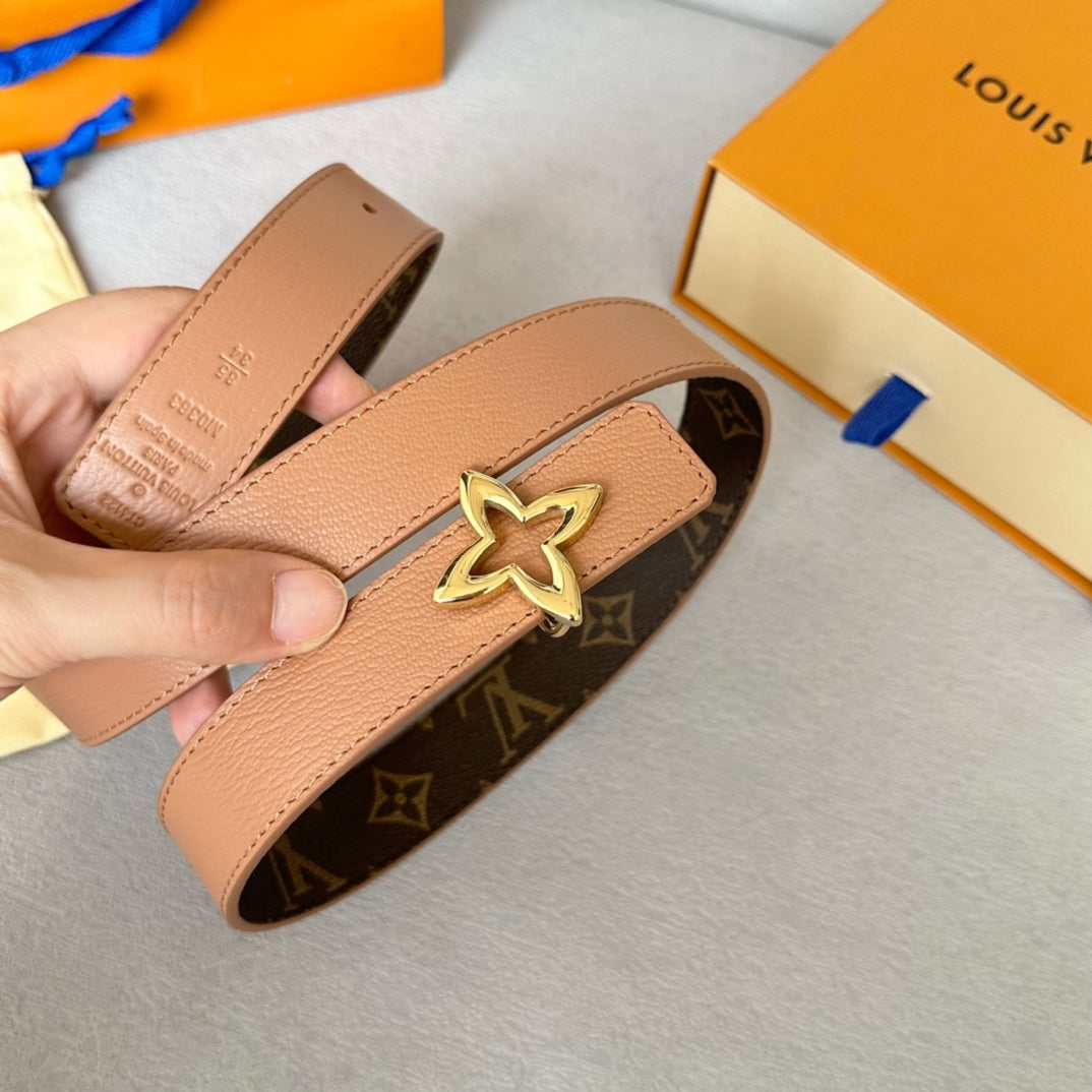 LV Flowergram 30mm Reversible Belt Gold Buckle Beige Brown Leather - 30