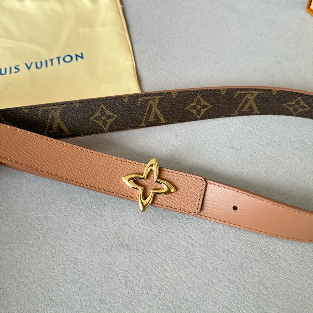 LV Flowergram 30mm Reversible Belt Gold Buckle Beige Brown Leather - 30