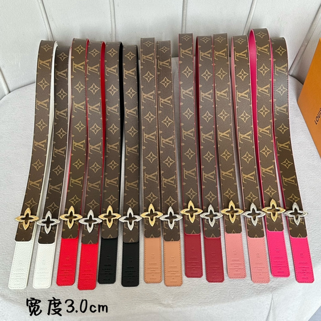 LV  MINI FLOWERGRAM 30MM REVERSIBLE BELT IN BUFF BROWN CALFSKIN GOLD HARDWARE - 30