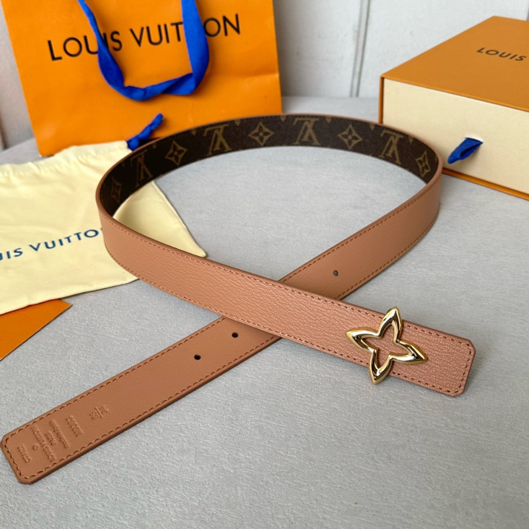 LV Flowergram 30mm Reversible Belt Gold Buckle Beige Brown Leather - 30