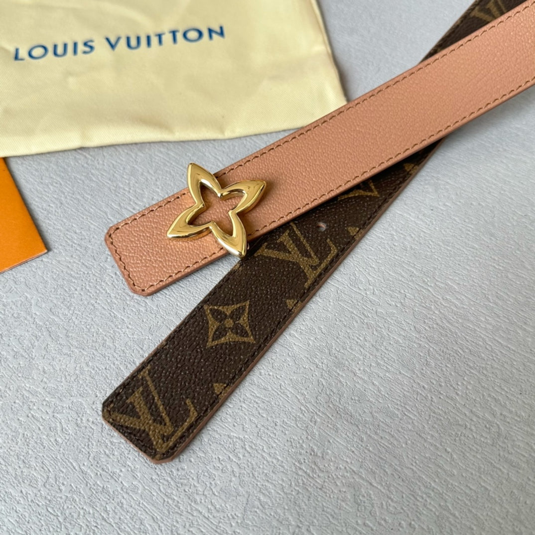 LV Flowergram 30mm Reversible Belt Gold Buckle Beige Brown Leather - 30