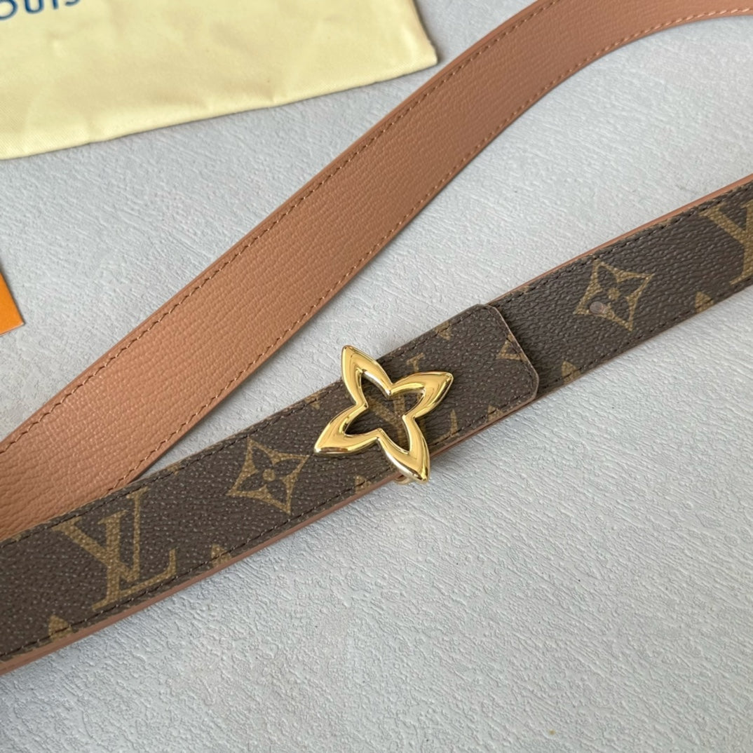 LV  MINI FLOWERGRAM 30MM REVERSIBLE BELT IN BUFF BROWN CALFSKIN GOLD HARDWARE - 30