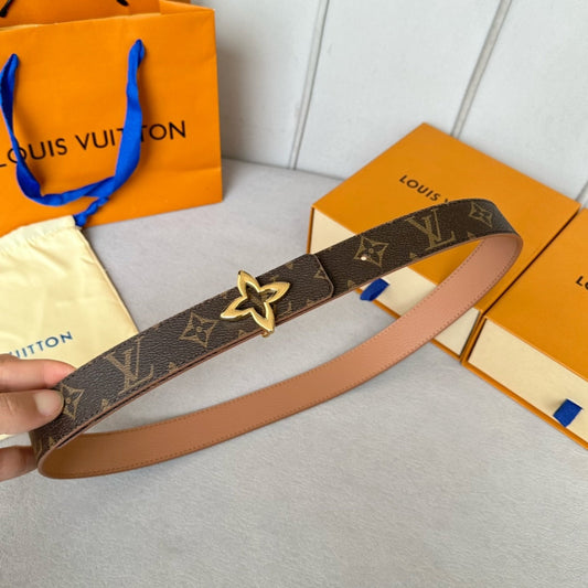 LV Flowergram 30mm Reversible Belt Gold Buckle Beige Brown Leather - 30