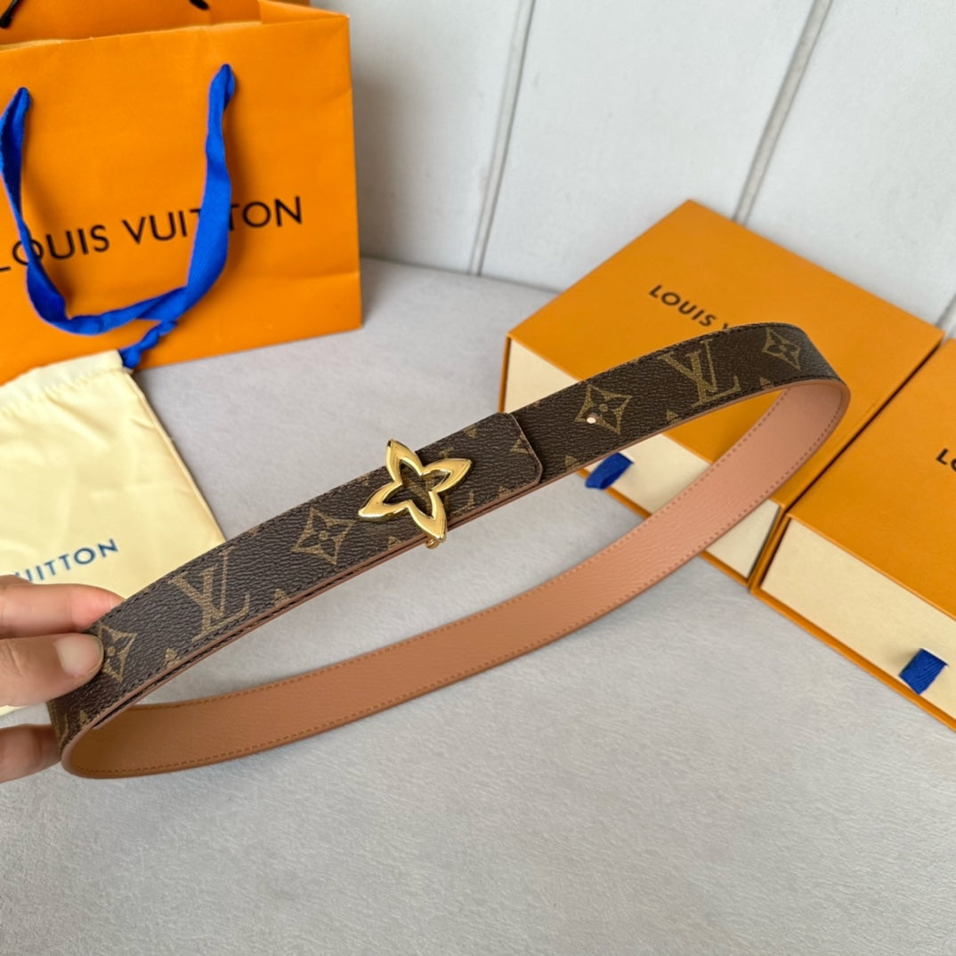 LV  MINI FLOWERGRAM 30MM REVERSIBLE BELT IN BUFF BROWN CALFSKIN GOLD HARDWARE - 30