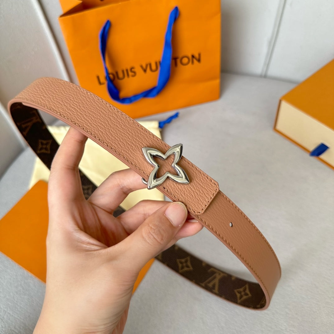 LV Flowergram 30mm Reversible Belt Silver Buckle Beige Brown Leather - 30