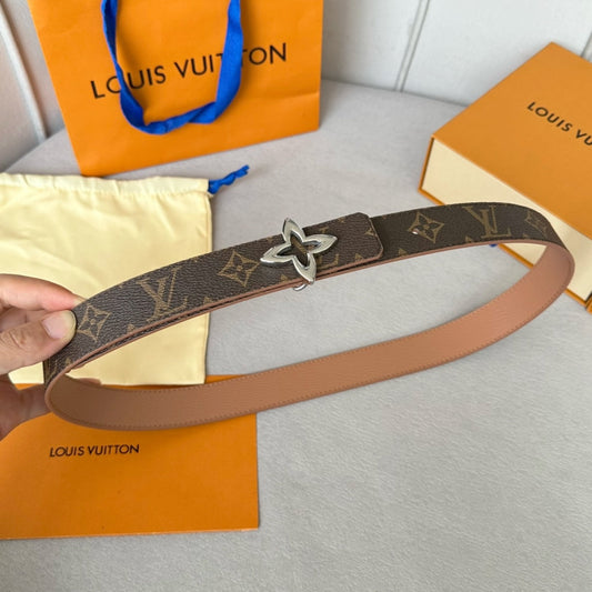 LV Flowergram 30mm Reversible Belt Silver Buckle Beige Brown Leather - 30