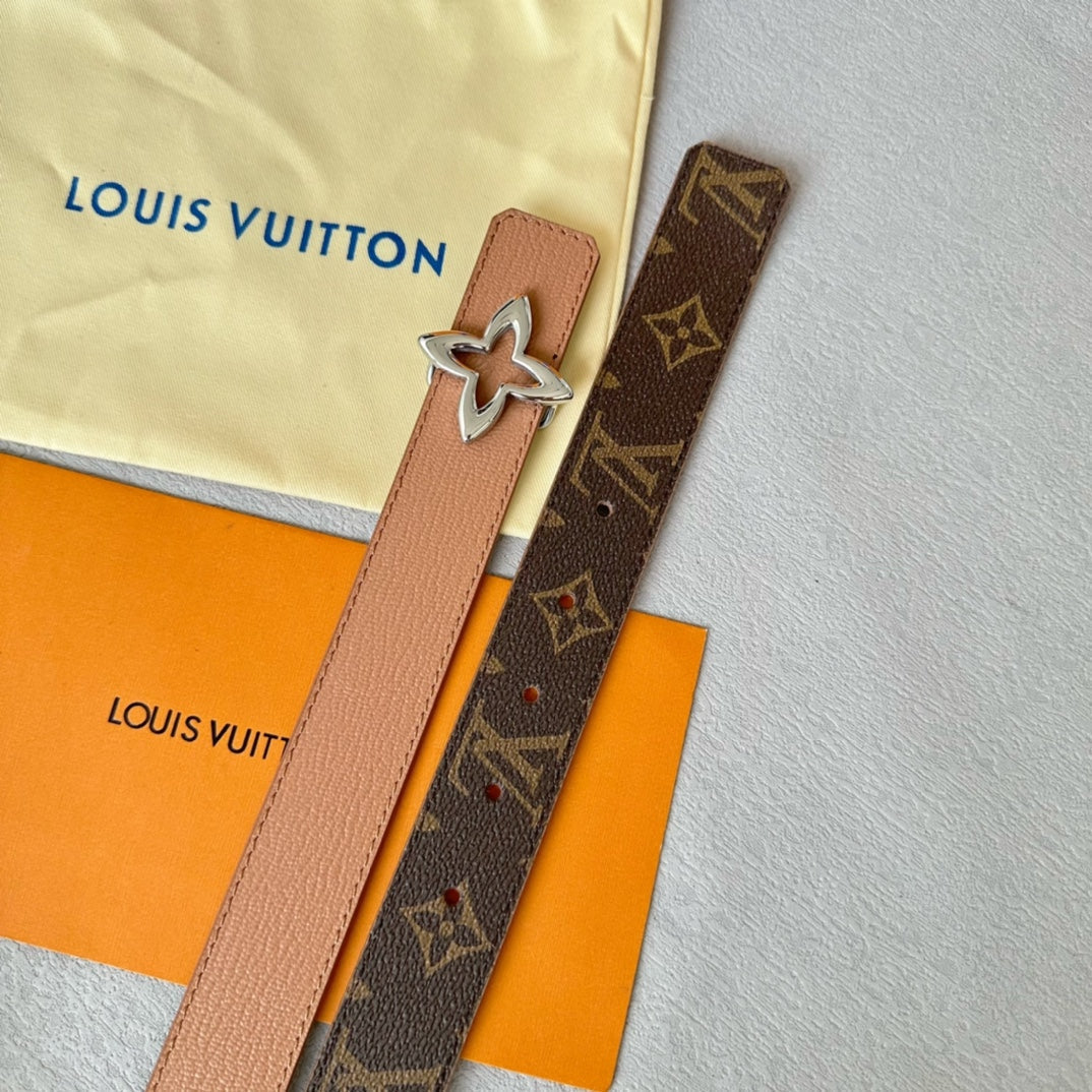 LV  MINI FLOWERGRAM 30MM REVERSIBLE BELT IN BUFF BROWN CALFSKIN SILVER HARDWARE - 30