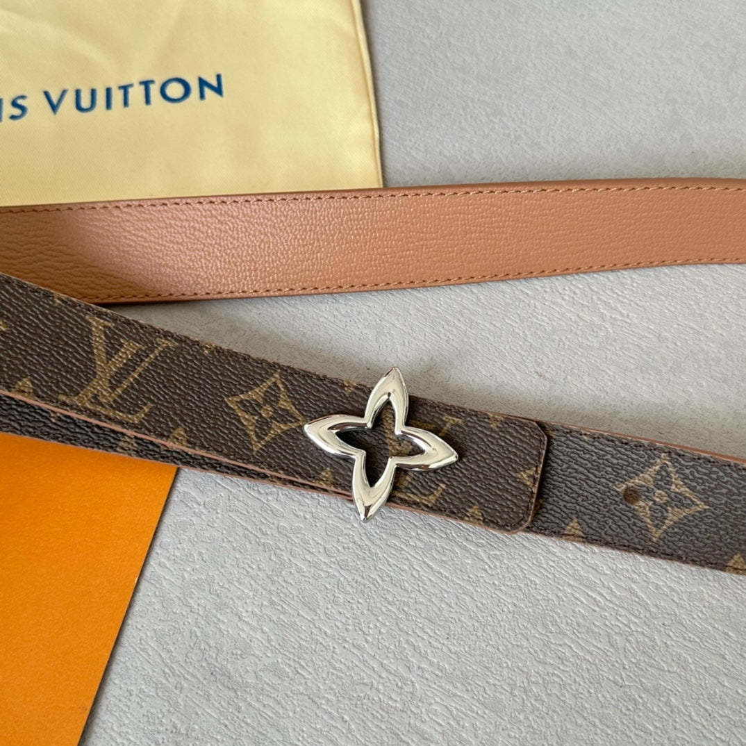 LV Flowergram 30mm Reversible Belt Silver Buckle Beige Brown Leather - 30