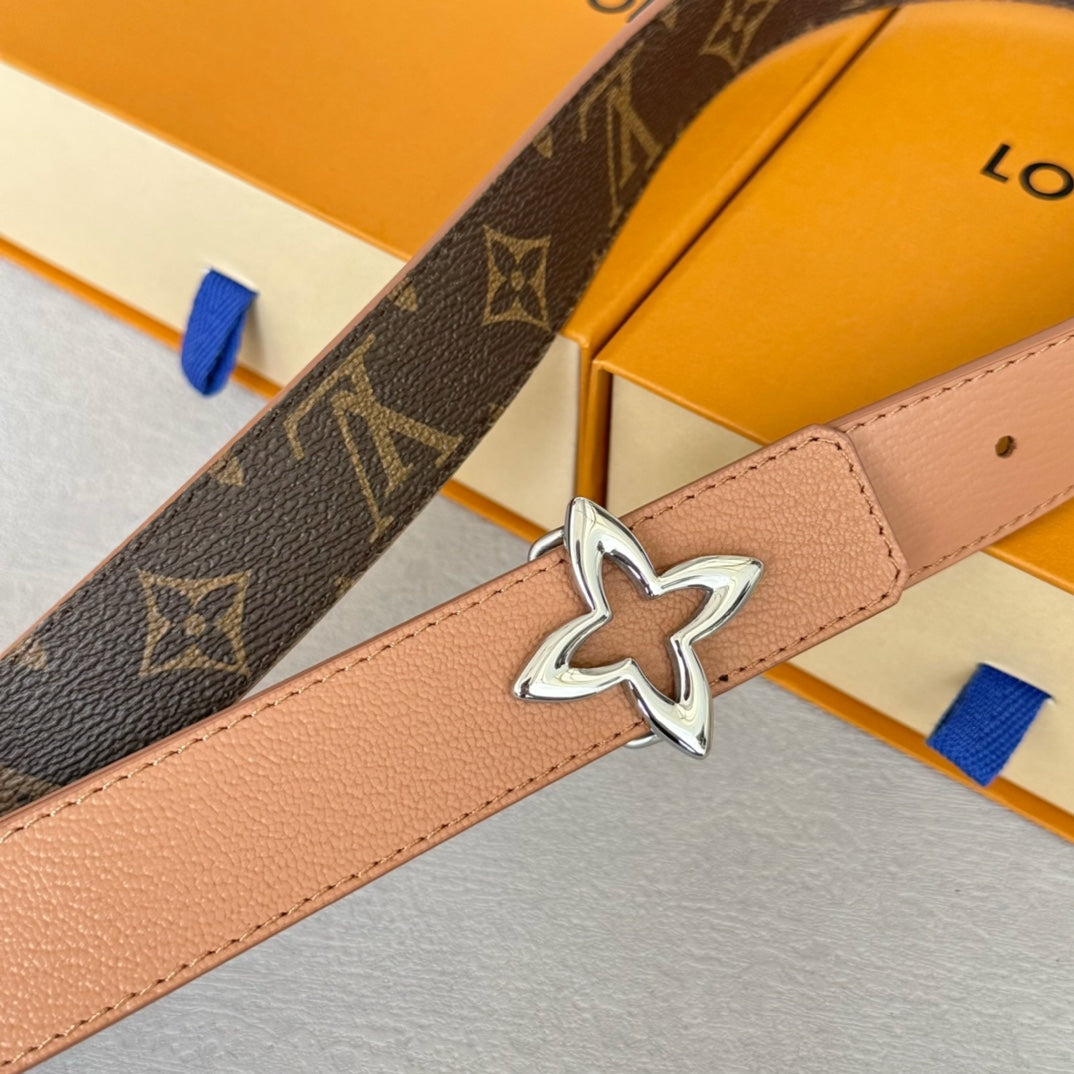 LV Flowergram 30mm Reversible Belt Silver Buckle Beige Brown Leather - 30