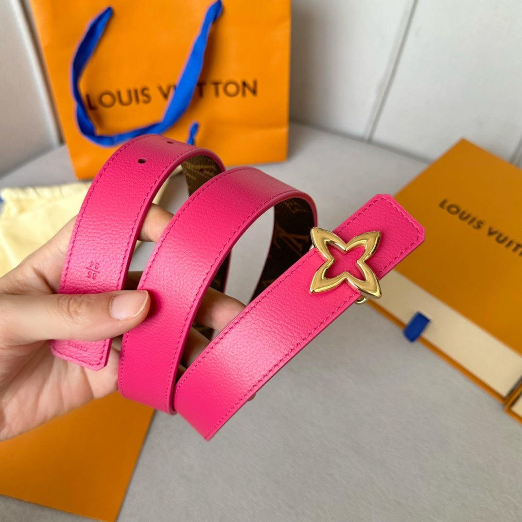LV Flowergram 30mm Reversible Belt Gold Buckle Hot Pink Brown Leather - 30
