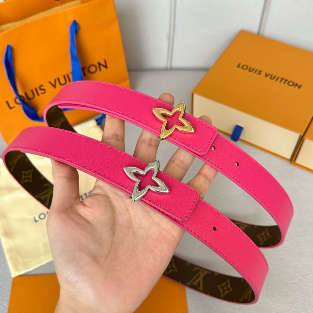 LV Flowergram 30mm Reversible Belt Gold Buckle Hot Pink Brown Leather - 30