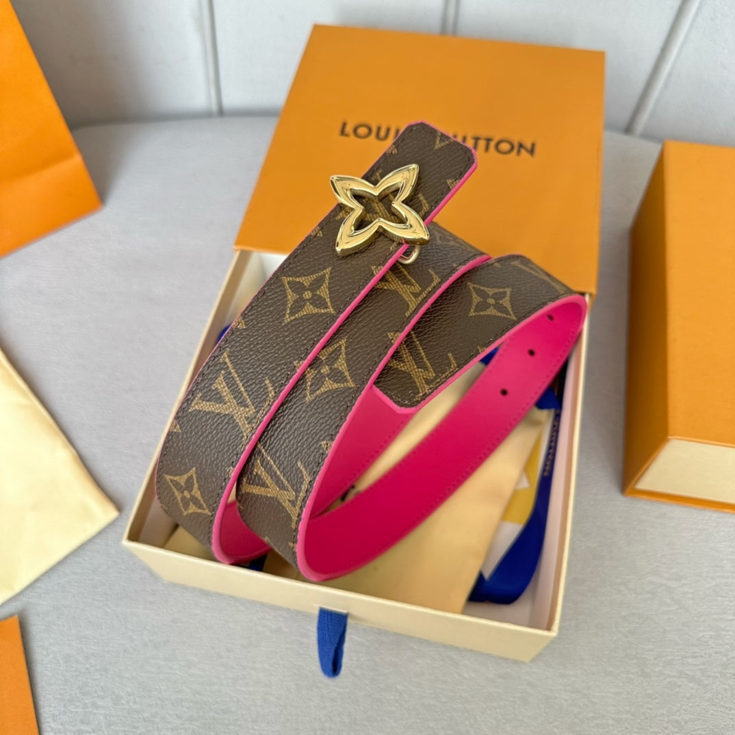 LV Flowergram 30mm Reversible Belt Gold Buckle Hot Pink Brown Leather - 30