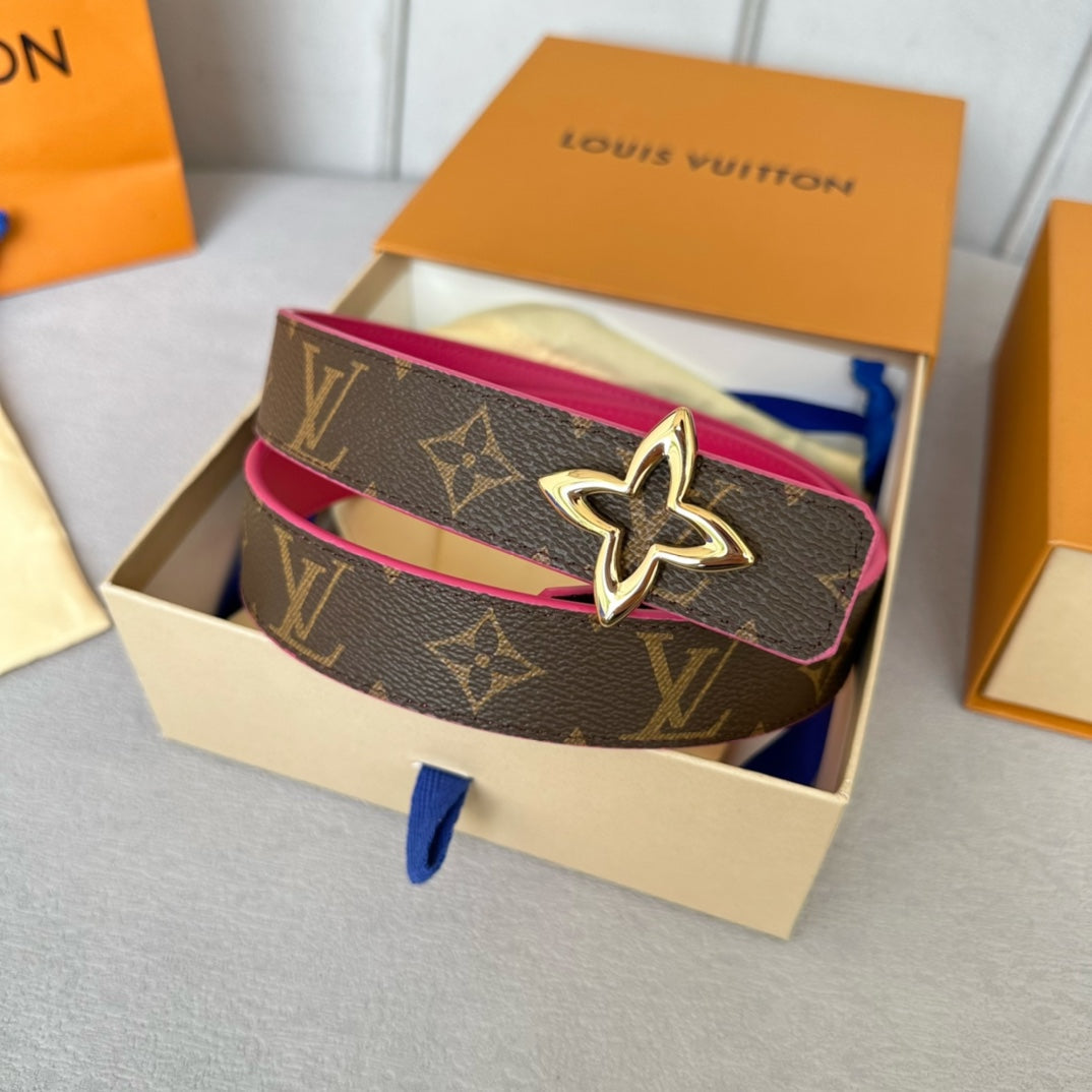 LV Flowergram 30mm Reversible Belt Gold Buckle Hot Pink Brown Leather - 30