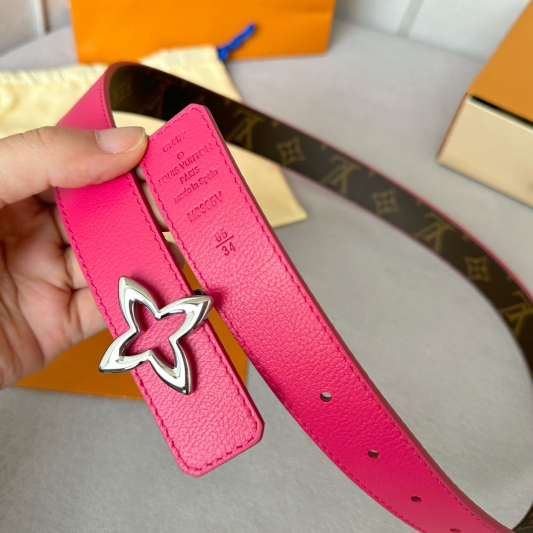 LV Flowergram 30mm Reversible Belt Silver Buckle Hot Pink Brown Leather - 30