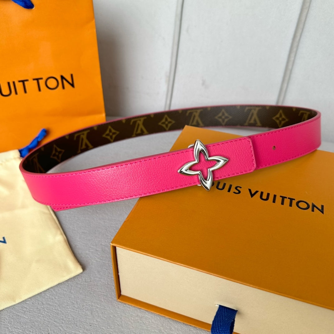 LV Flowergram 30mm Reversible Belt Silver Buckle Hot Pink Brown Leather - 30