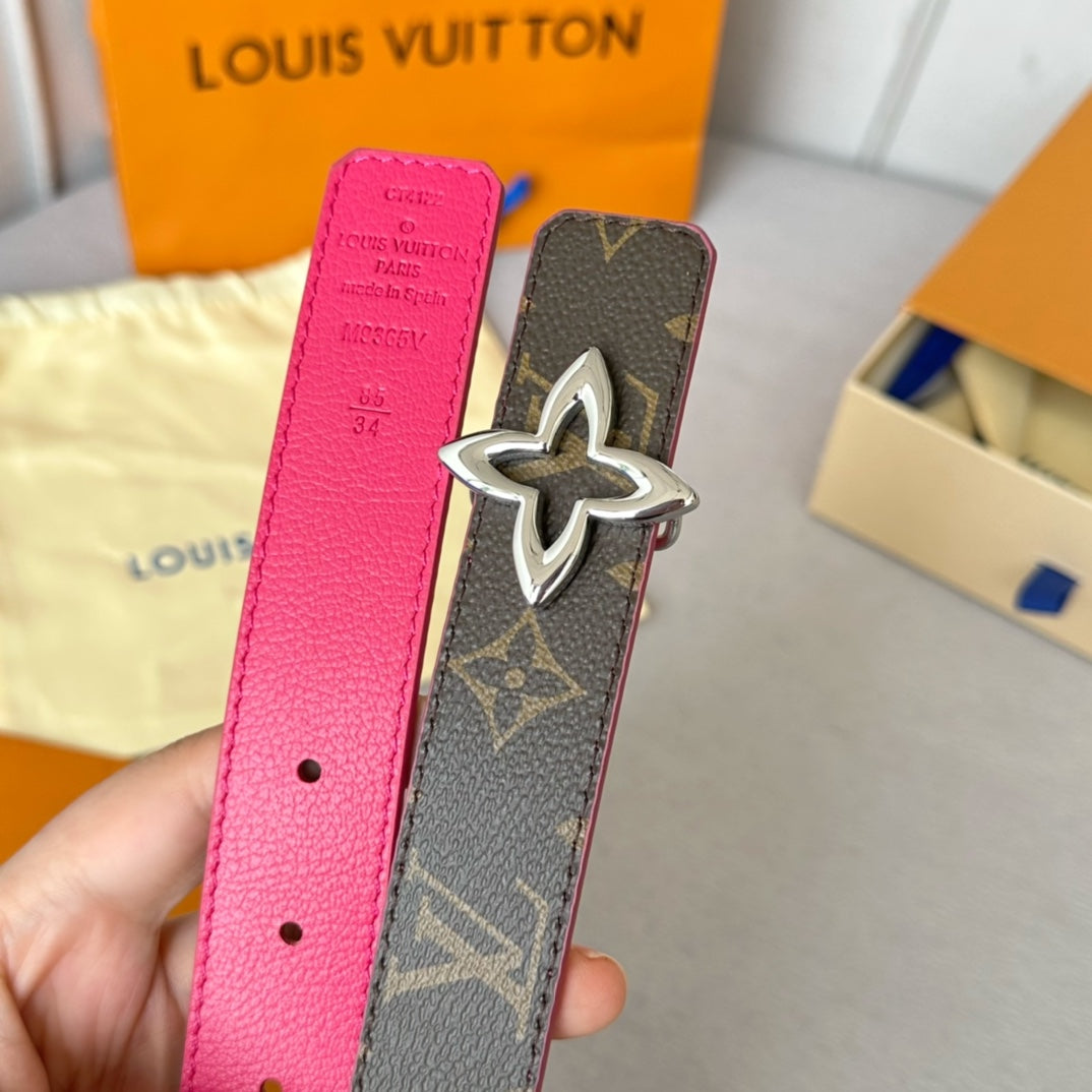 LV Flowergram 30mm Reversible Belt Silver Buckle Hot Pink Brown Leather - 30