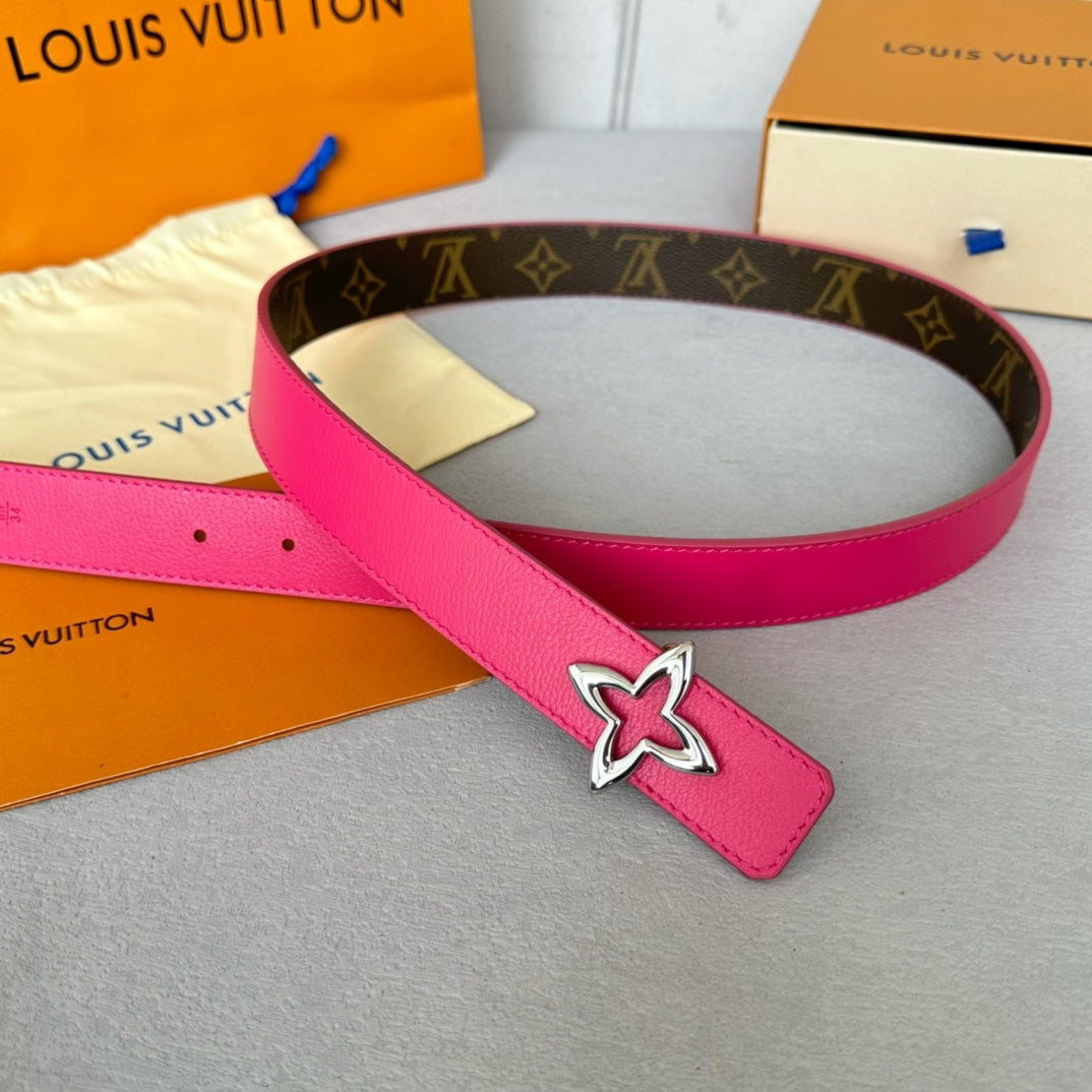 LV Flowergram 30mm Reversible Belt Silver Buckle Hot Pink Brown Leather - 30