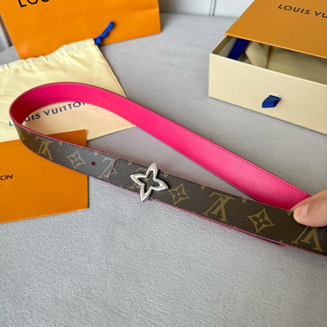 LV Flowergram 30mm Reversible Belt Silver Buckle Hot Pink Brown Leather - 30