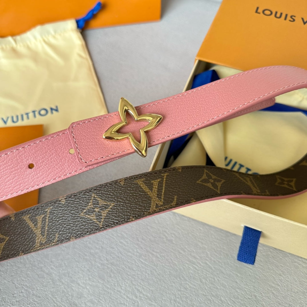 LV Flowergram 30mm Reversible Belt Gold Buckle Pink Brown Leather - 30