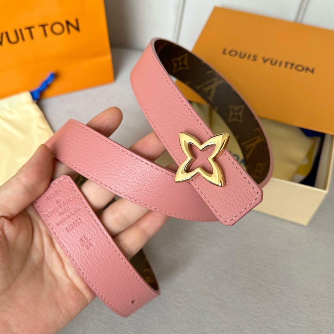 LV Flowergram 30mm Reversible Belt Gold Buckle Pink Brown Leather - 30