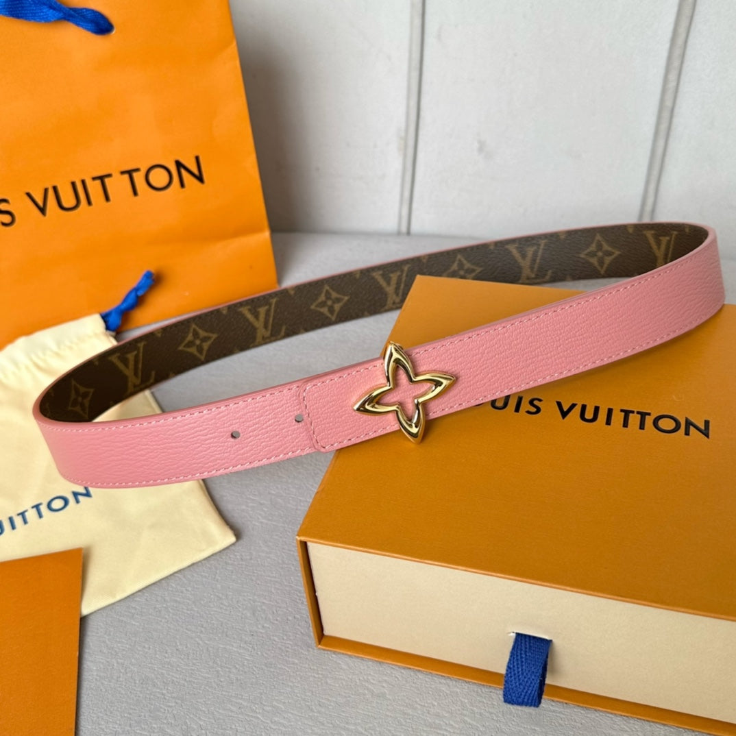 LV Flowergram 30mm Reversible Belt Gold Buckle Pink Brown Leather - 30