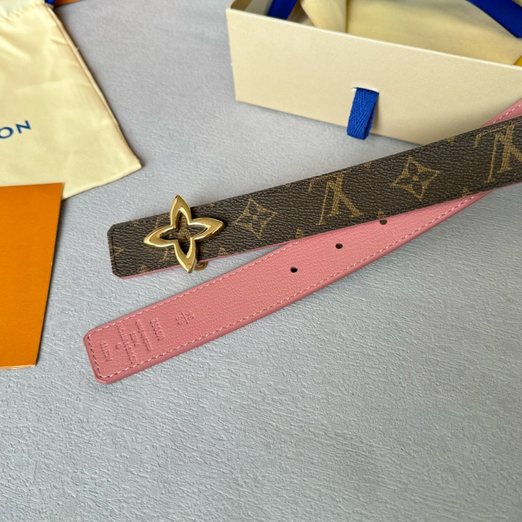 LV Flowergram 30mm Reversible Belt Gold Buckle Pink Brown Leather - 30