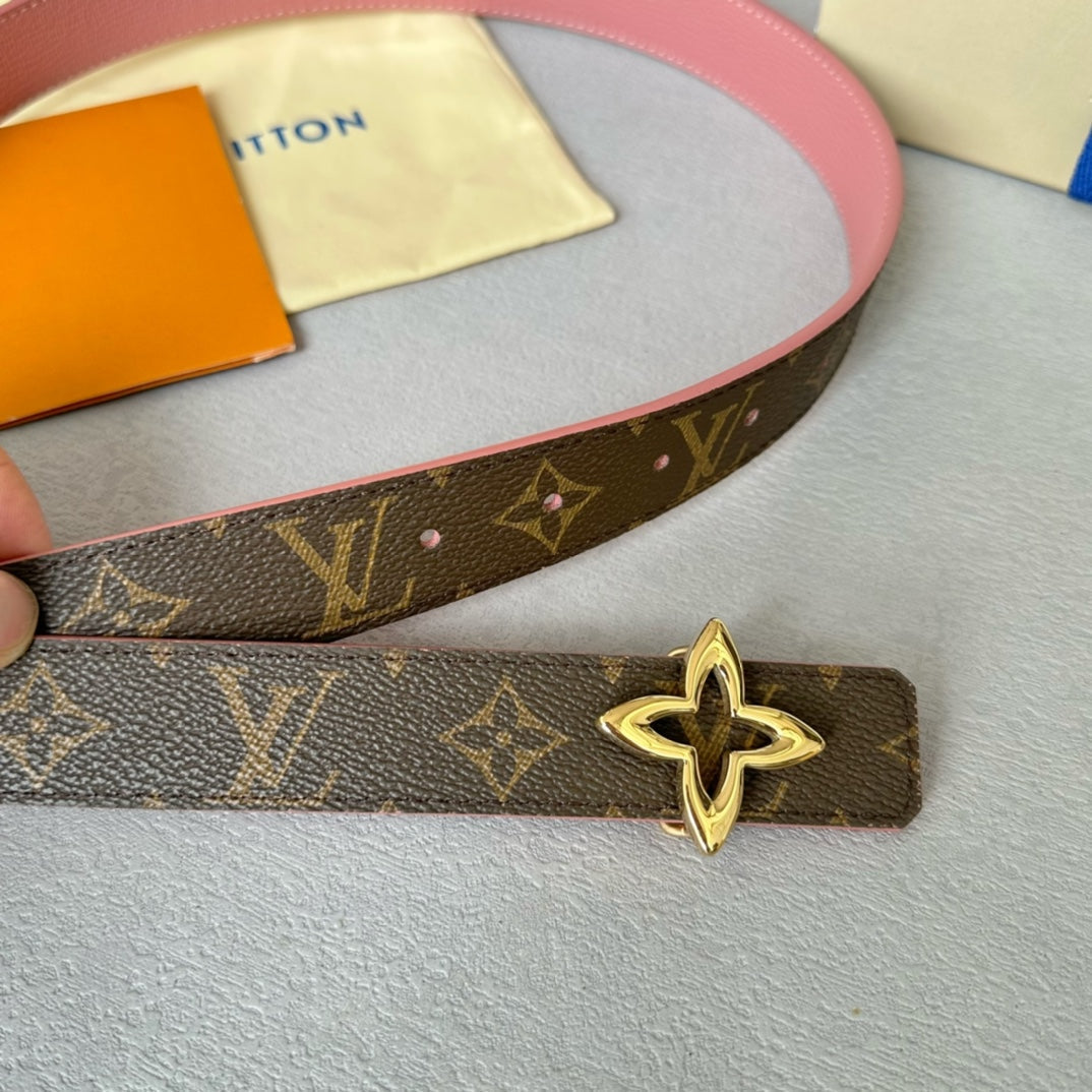 LV Flowergram 30mm Reversible Belt Gold Buckle Pink Brown Leather - 30