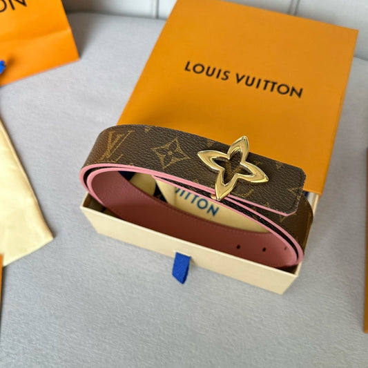 LV Flowergram 30mm Reversible Belt Gold Buckle Pink Brown Leather - 30