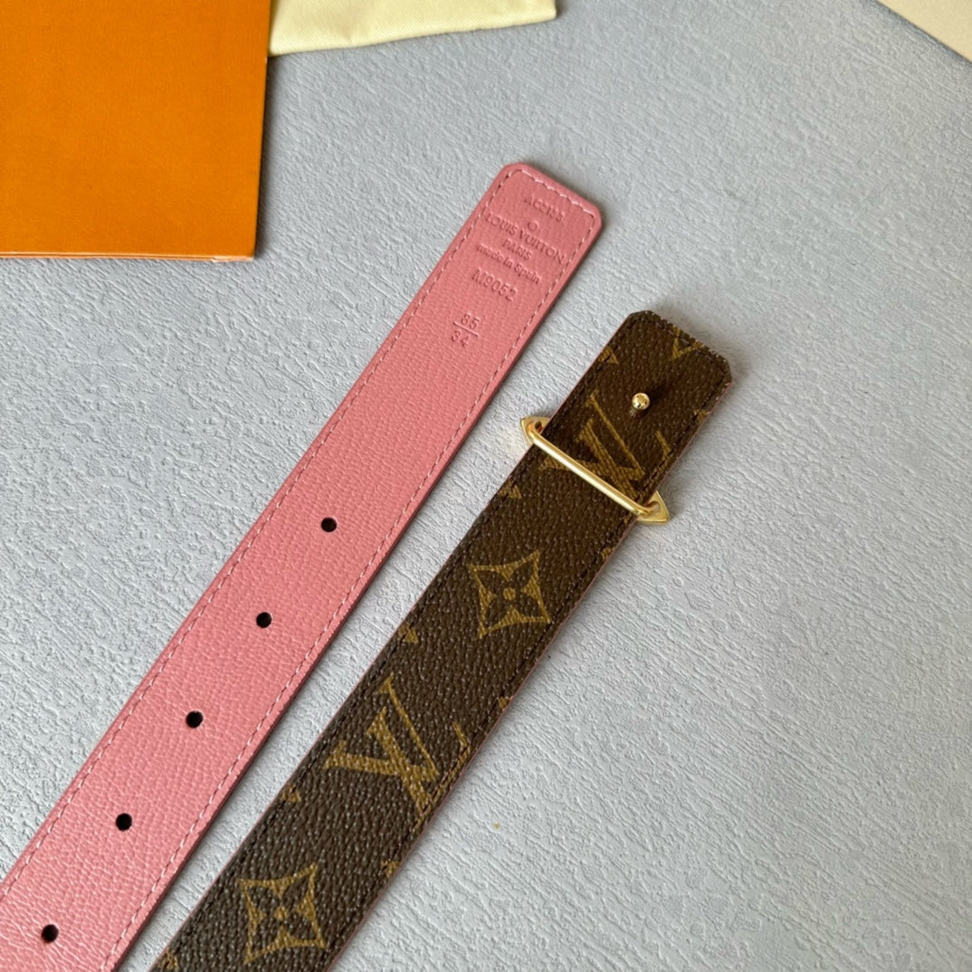 LV Flowergram 30mm Reversible Belt Gold Buckle Pink Brown Leather - 30