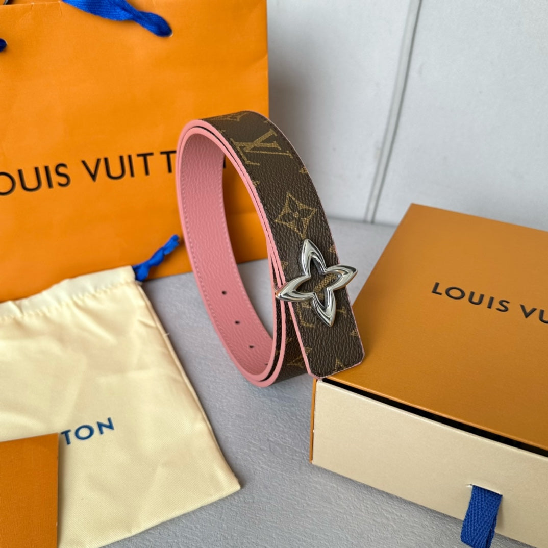 LV  MINI FLOWERGRAM 30MM REVERSIBLE BELT IN BLUSH PINK CALFSKIN SILVER HARDWARE - 30