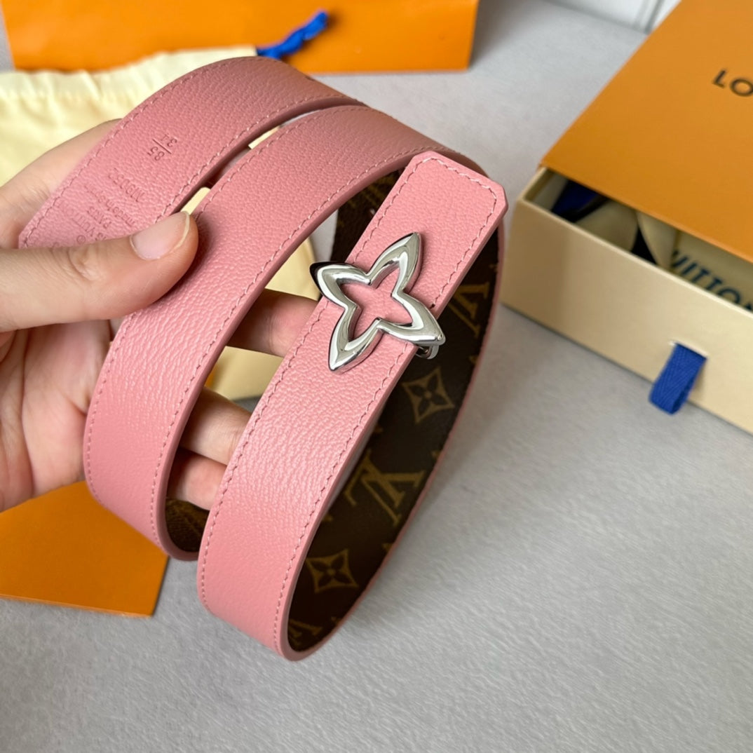 LV Flowergram 30mm Reversible Belt Silver Buckle Pink Brown Leather - 30