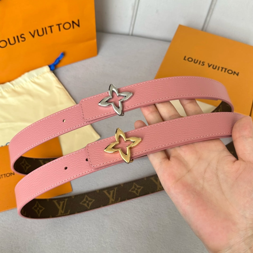 LV Flowergram 30mm Reversible Belt Silver Buckle Pink Brown Leather - 30